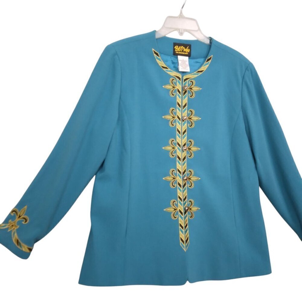 Bob Mackie | Teal Embroidered Women's Jacket Fleur De Lis | Size L